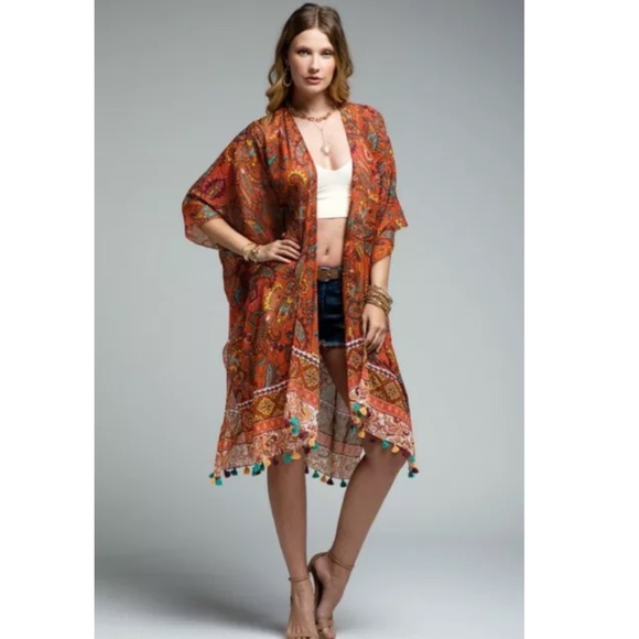 Vintage Rust Jacobean Tassel Boho Kimono Wrap - Picture 2 of 6